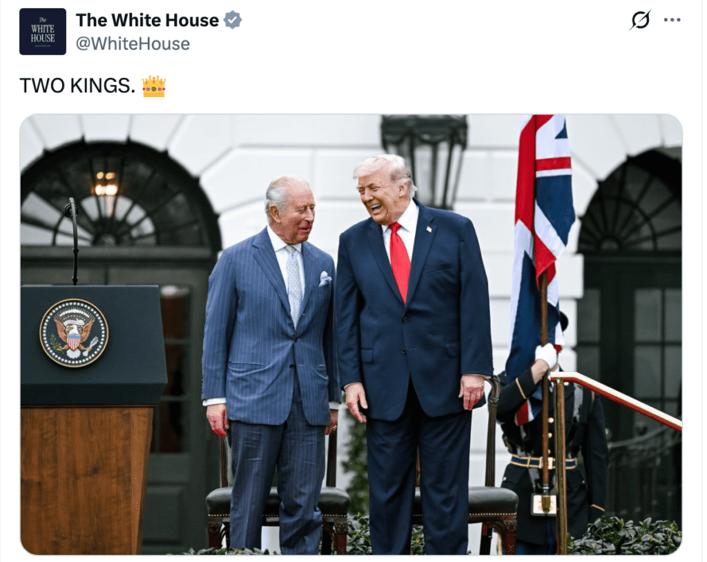 White House Posts ‘TWO KINGS’ Caption On Photo Of Trump And King Charles III